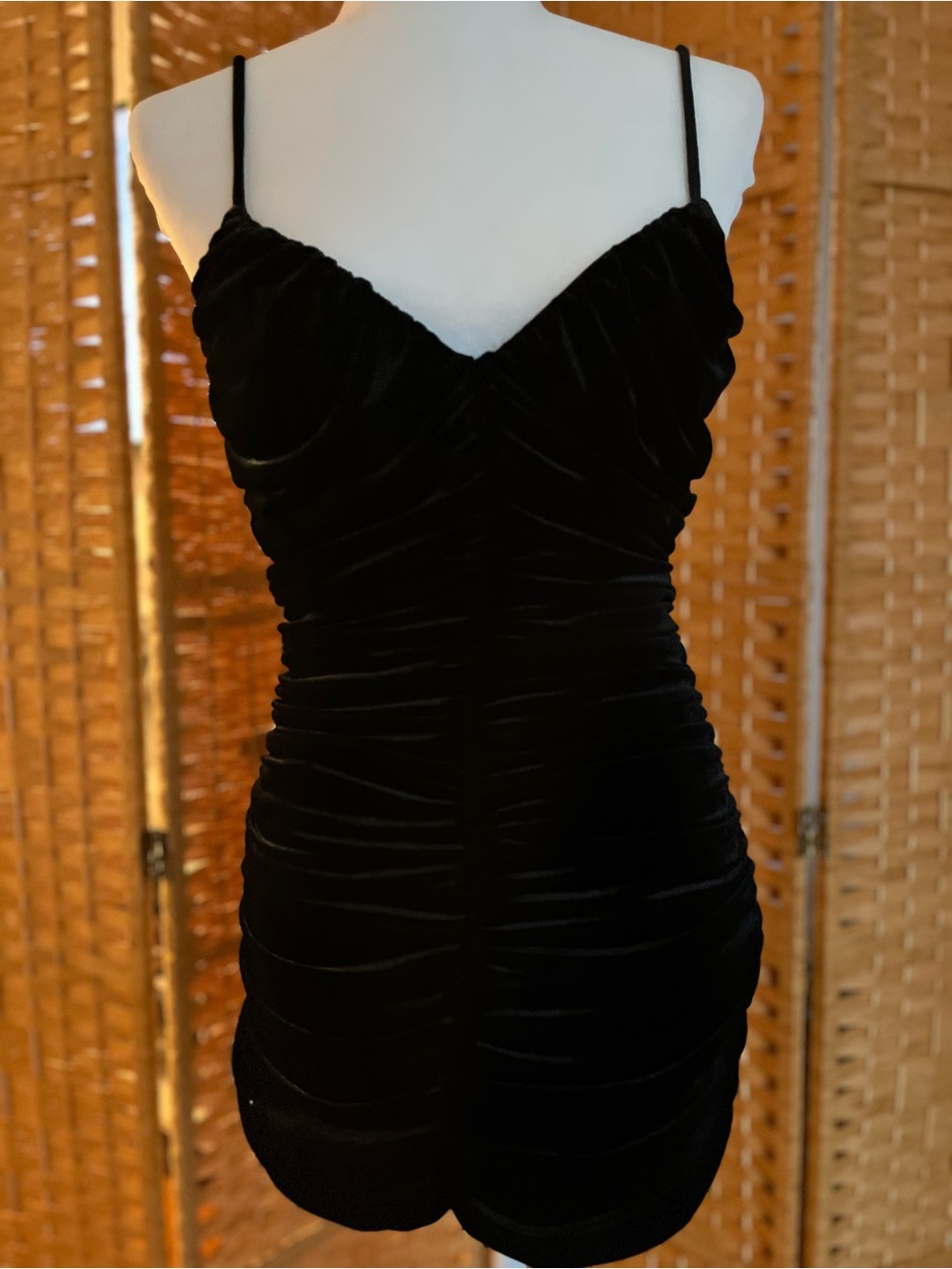 Zara Black Velvet Ruched Spaghetti Strap Mini Dress